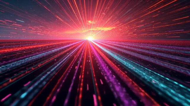 Vivid Neon Light Trails at Sunset Creating Futuristic Digital Landscape