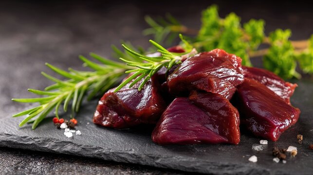 Raw venison chunks garnished with rosemary peppercorns and sea salt on slate