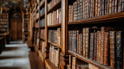 Old books on wooden shelves in a library (1)