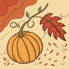 Naklejka premium Illustration of a pumpkin with a tree and falling leaves against a light orange background scene design