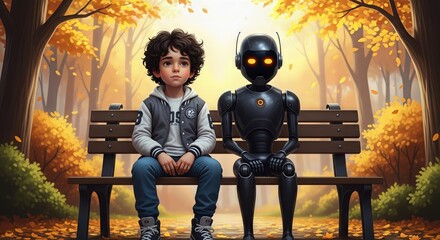 A young boy with curly hair sits beside a futuristic robot on a park bench amidst the vibrant colors of autumn foliage
