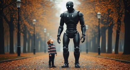 A young child gazes up in wonder at a towering, dark robot standing on a leafstrewn path in an autumn park