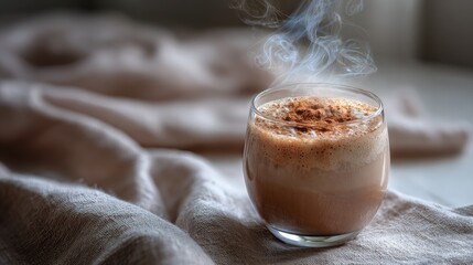 Steaming Hot Chocolate in Glass Mug on Soft Fabric