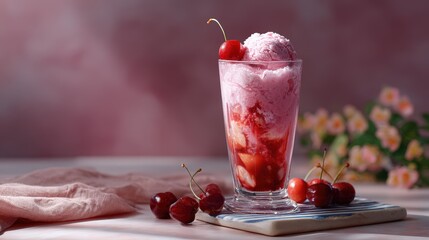 Pink Cherry Ice Cream Sundae with Fresh Cherries