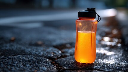 Orange Plastic Water Bottle on Wet Asphalt