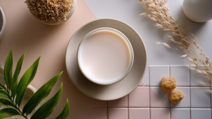 Overhead View of Creamy Milk in Beige Bowl on Neutral Surface