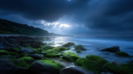 Dramatic Ocean Coastline at Sunrise with Dark Clouds and Green Algae