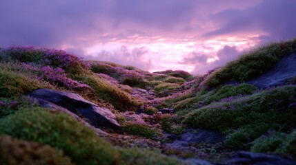 Purple Wildflowers on Mossy Hills at Sunset