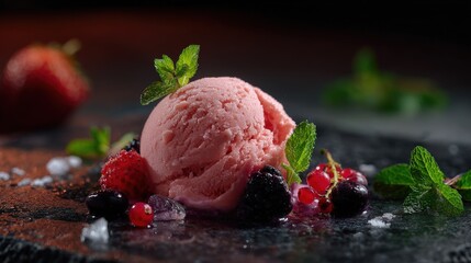 Pink Strawberry Ice Cream with Berries on Dark Background