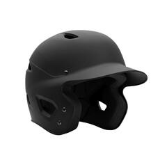 Fototapeta premium Modern matte black baseball batting helmet, pristine with sleek design, ventilation, textured exterior, subtle interior details, isolated on a transparent background, 3/4 view, shadowless studio