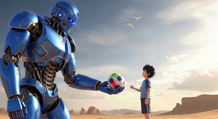A giant blue robot offers a colorful soccer ball to a young boy in a desert landscape under a cloudy sky