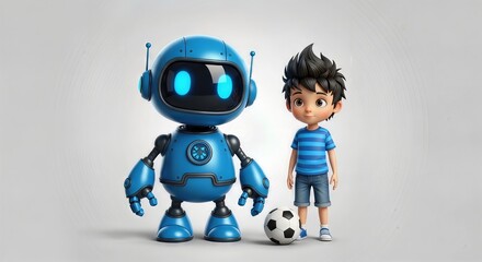 A friendly blue robot and a young boy stand together with a soccer ball, symbolizing friendship and the future of technology in play