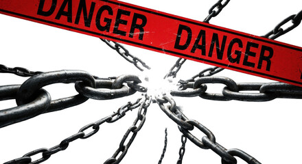 A red danger tape crosses over a radiating pattern of broken chains against a white background.