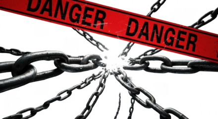 A red danger tape crosses over a radiating pattern of broken chains against a white background.