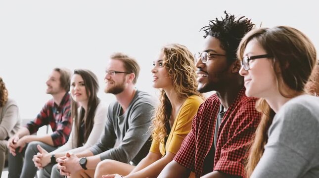 A diverse group of smiling business professionals looking up, symbolizing teamwork, success, and a shared vision | Business, Team, Smile, Diversity, Success	