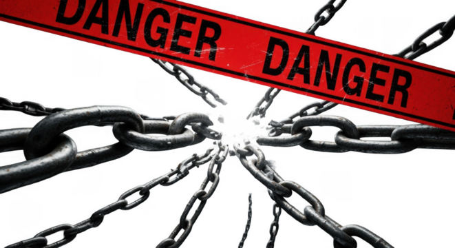 A red danger tape crosses over a radiating pattern of broken chains against a white background.