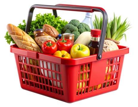  Full Grocery Shopping Basket with Assorted Food Items Isolated on Transparent Background PNG