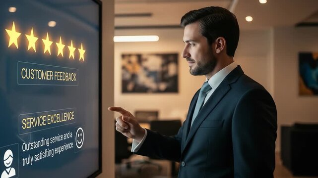 Businessman Interacting with Customer Feedback Display on Touchscreen in Modern Office