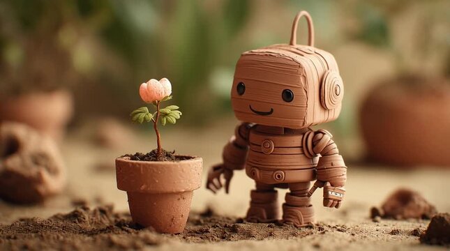 粘土で作られた小さなロボットが花を植えるクレイアートの接写：手作りの温かみと優しい光｜クレイアート,ロボット,花,接写,手作り

