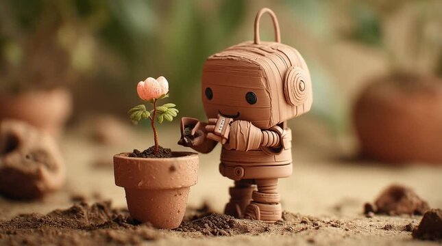 粘土で作られた小さなロボットが花を植えるクレイアートの接写：手作りの温かみと優しい光｜クレイアート,ロボット,花,接写,手作り

