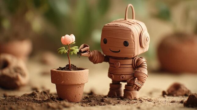 粘土で作られた小さなロボットが花を植えるクレイアートの接写：手作りの温かみと優しい光｜クレイアート,ロボット,花,接写,手作り

