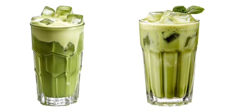 Matcha drinks with mint leaves in glasses isolated on transparent PNG image perfect for tea branding or health menu visuals