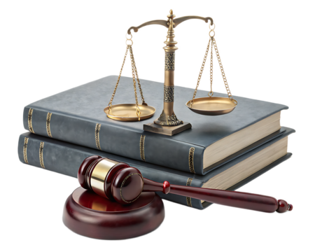 A close up of a gavel and scales of justice on top of two gray books against a black background