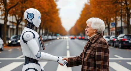 A futuristic robot and an elderly woman shake hands on a city street during autumn, symbolizing the integration of artificial intelligence into daily life and elder care