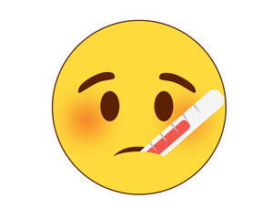 Isolated yellow sick face with mouth medical thermometer on transparent background