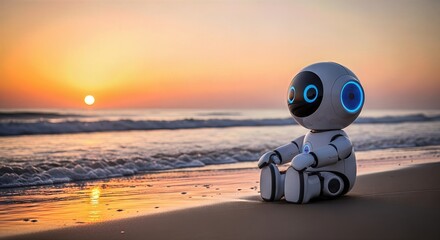 A cute, small robot sits peacefully on a sandy beach, gazing at the warm orange sunset over the ocean
