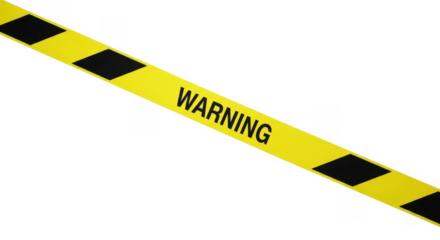 Yellow and black warning tape diagonally across a white background, displaying the word "WARNING".