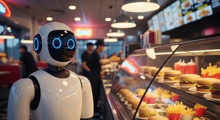 A friendly robot stands in front of a display case filled with burgers and french fries at a fastfood restaurant