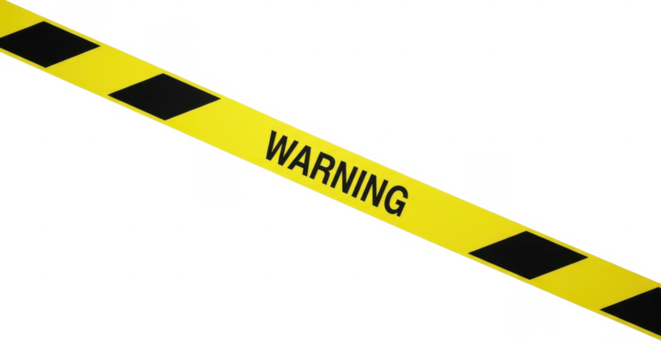 Yellow and black warning tape diagonally across a white background, displaying the word "WARNING".
