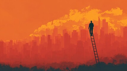 Silhouette figure on ladder overlooking city