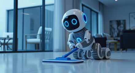 A cute, futuristic robot with glowing blue accents diligently mops the shiny floor of a modern living room, showcasing advancements in domestic automation and household chores