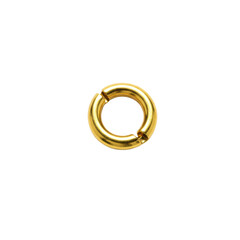 Small, perfectly circular, highly polished gold jump ring, metallic and reflective, isolated on a seamless transparent studio background. Concept for jewelry product photography