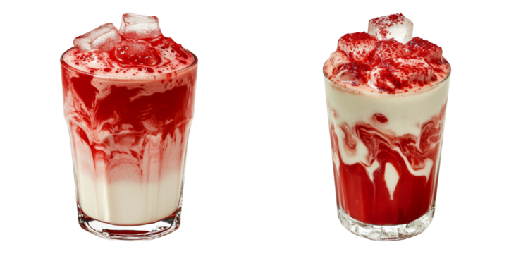 Strawberry cream drinks in clear glasses isolated on transparent PNG image perfect for dessert beverage menus or sweet café branding - Powered by Adobe
