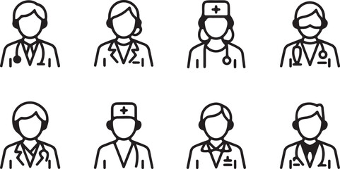 Naklejka premium Collection of vector line icons representing healthcare professionals including a doctor nurse medical assistant and call center operator suitable for medical or business themes