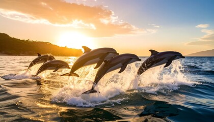 Fototapeta premium Pod of dolphins leaps from the ocean at sunset with golden light reflecting on the waves