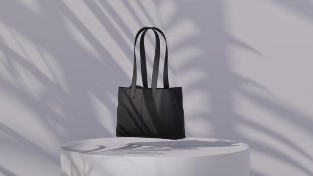 Black Tote Bag On A White Pedestal With Palm Shadows