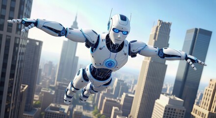 A futuristic white robot with glowing blue eyes soars heroically through a cityscape, arms outstretched as if flying