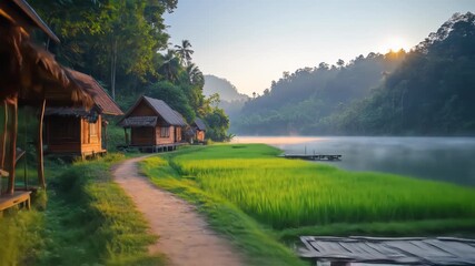 Serene sunrise over tranquil lake, wooden bungalows nestled beside a verdant rice paddy, a calm path leading to water's edge