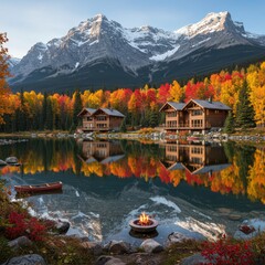 Obraz premium Lake houses with autumn trees reflected in water and snowy mountains in the background scenery view