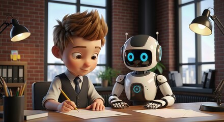 A young boy diligently writes on a paper at a desk, with a friendly robot companion observing and assisting him in a modern, sunlit room