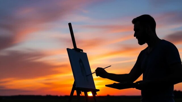 Artist Painting at Sunset Silhouette - The silhouette of a male artist painting on an easel at sunset. The vibrant colors of the sky create a dramatic backdrop to the scene.