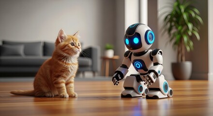 An adorable orange tabby kitten curiously watches a friendly, futuristic robot with glowing blue eyes in a modern living room setting