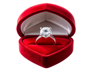 Diamond Engagement Ring in Red Heart Velvet Box – Luxury Isolated PNG 