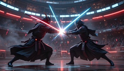 "Futuristic samurai dueling in a zero-gravity arena, glowing swords clashing in space"

