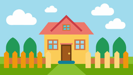 Naklejka premium Cartoon House with Garden and White Picket Fence