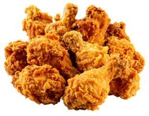 Delicious, crispy fried chicken pieces piled together isolated on transparent background, ready to eat.